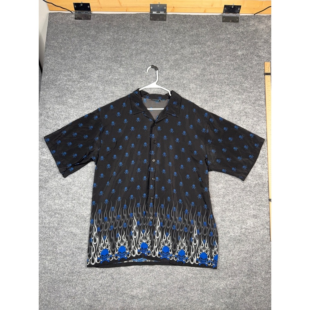 MT:2 Skull Flame Button Up Shirt Y2K‎ Streetwear Black Blue Mens XL